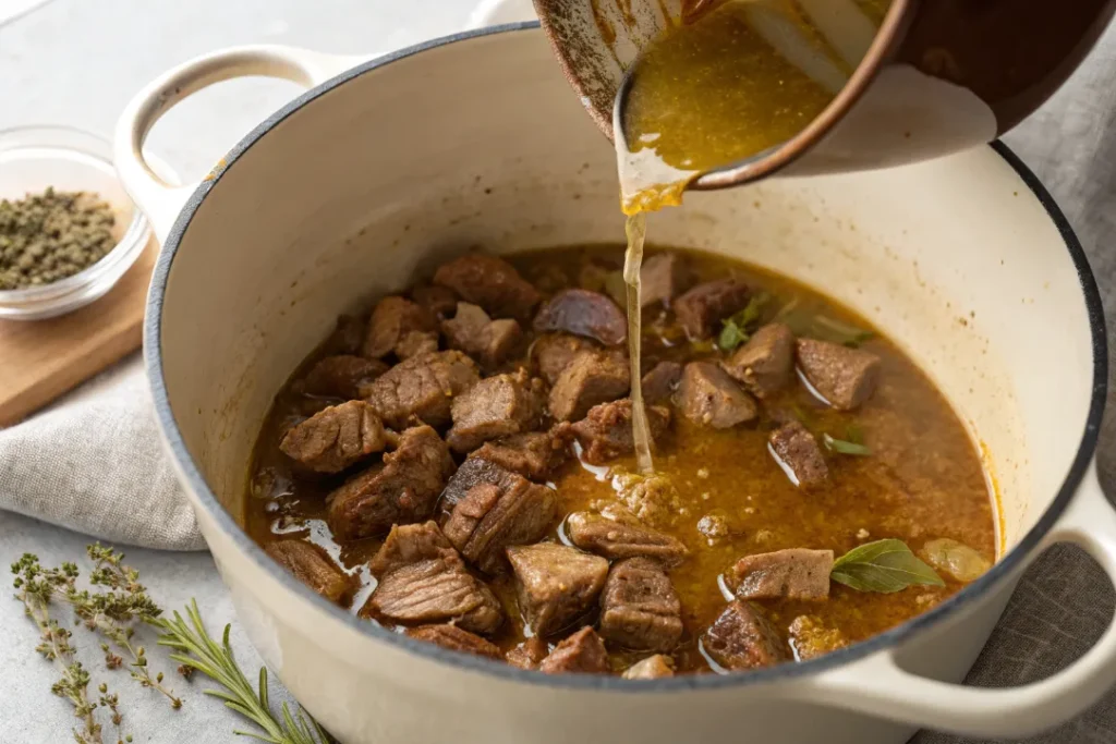 Broth being added over browned lamb in a pot