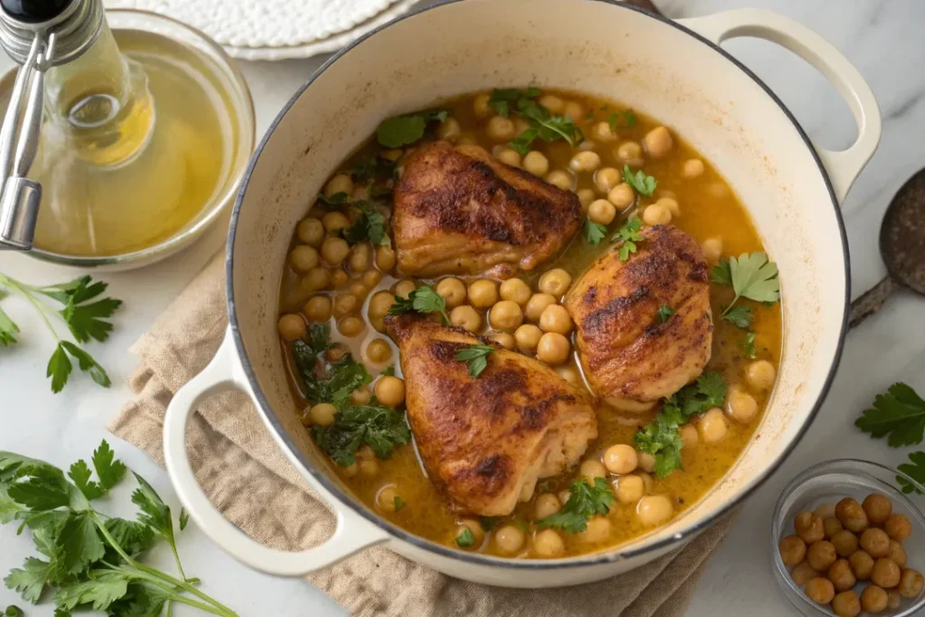 Chicken and chickpeas combined in a pot for tagine cooking