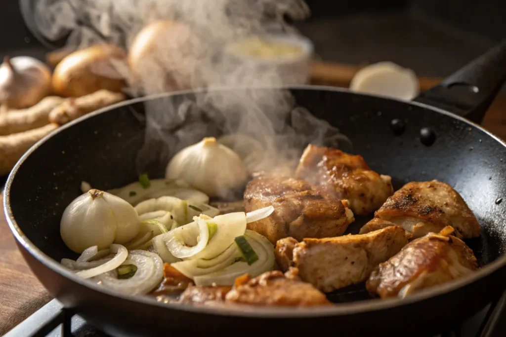 Garlic, ginger, and onion sautéing with cooked chicken in a skillet for Asian Lettuce Wraps