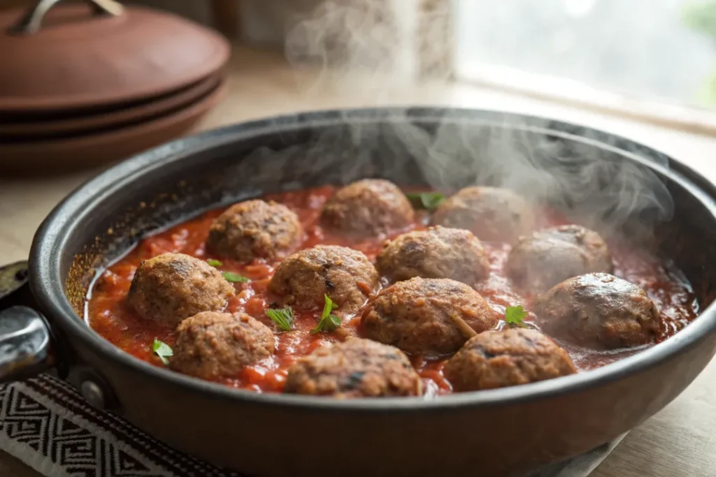 Raw kefta meatballs placed into tomato sauce inside a tagine.