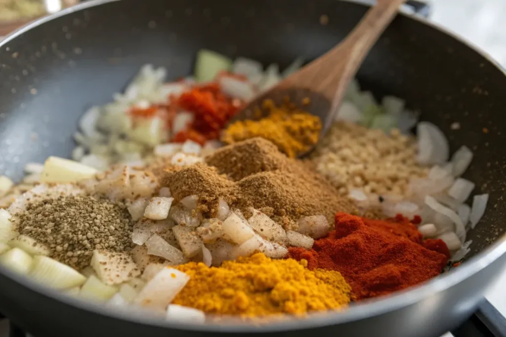Close up of spices added to sautéed onions and garlic in a pan.