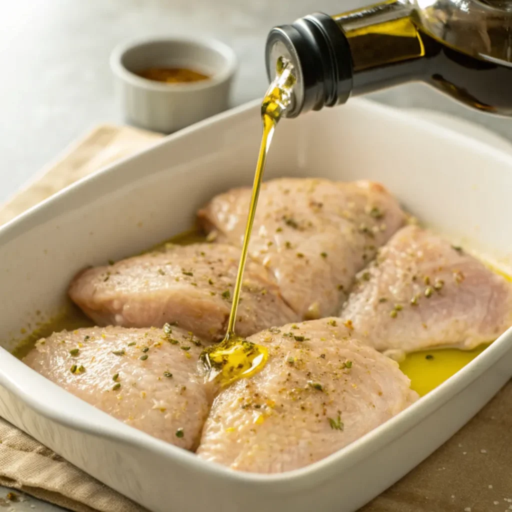 Close-up of olive oil being drizzled over chicken thighs for Italian-style baking.