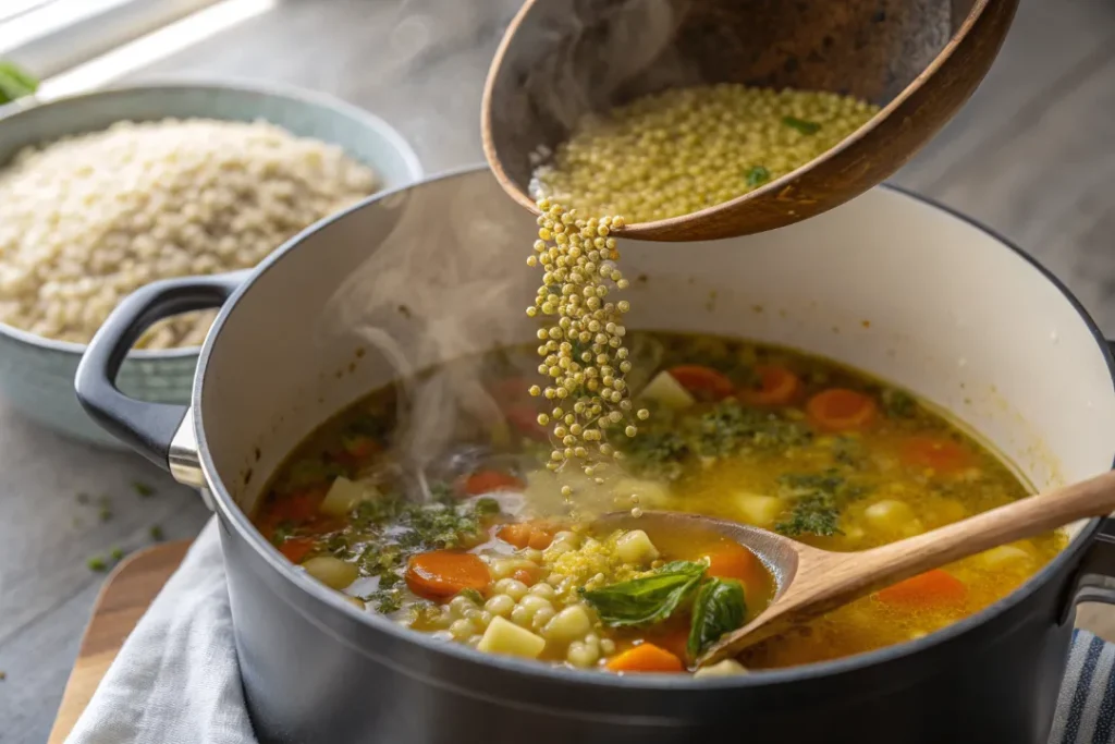Small acini di pepe pasta being added to the simmering broth of Italian Wedding Soup Vegan.