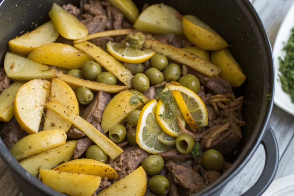Potatoes, olives, and preserved lemon added to lamb for tagine