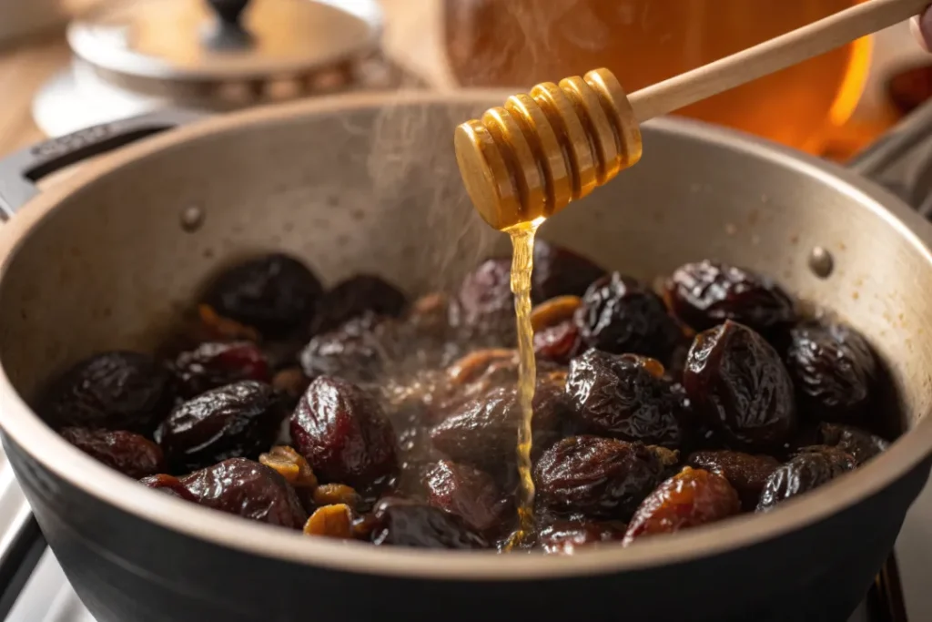 Prunes and honey being stirred into the lamb tagine