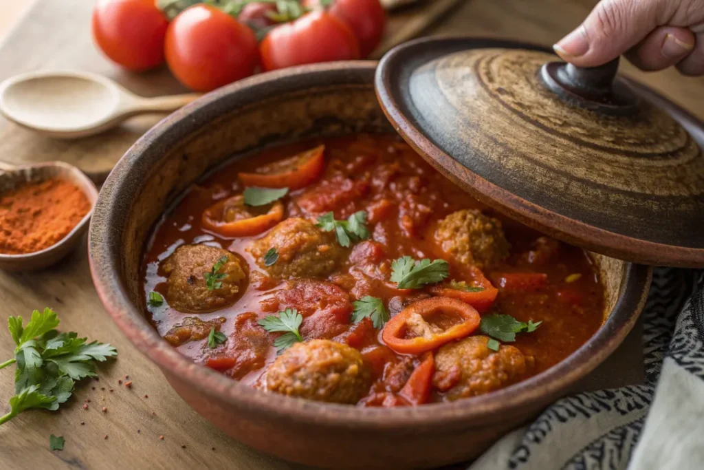 Sardine balls arranged in simmering tomato sauce inside a tagine