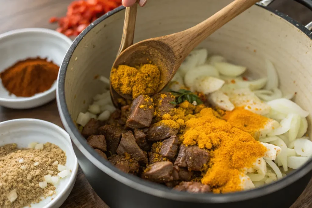 Sprinkling spices into lamb mixture for Lamb Potatoes and Olives Tagine
