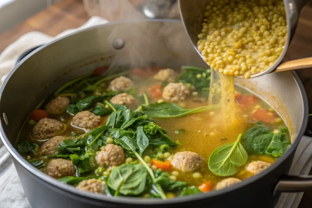 Fresh spinach and vegan meatballs being added to simmering Italian Wedding Soup Vegan in a pot.