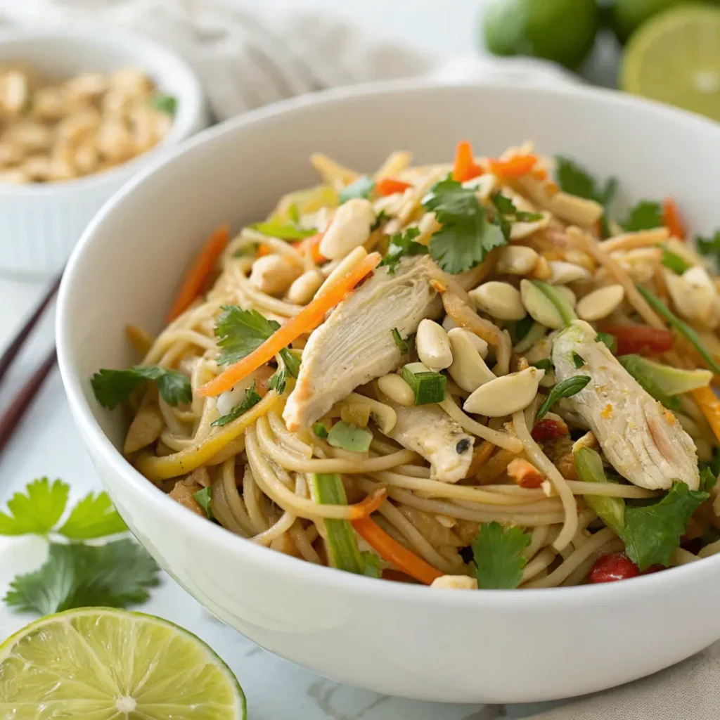 Asian Chicken Noodle Salad with rice noodles, shredded chicken, and colorful vegetables in sesame dressing.