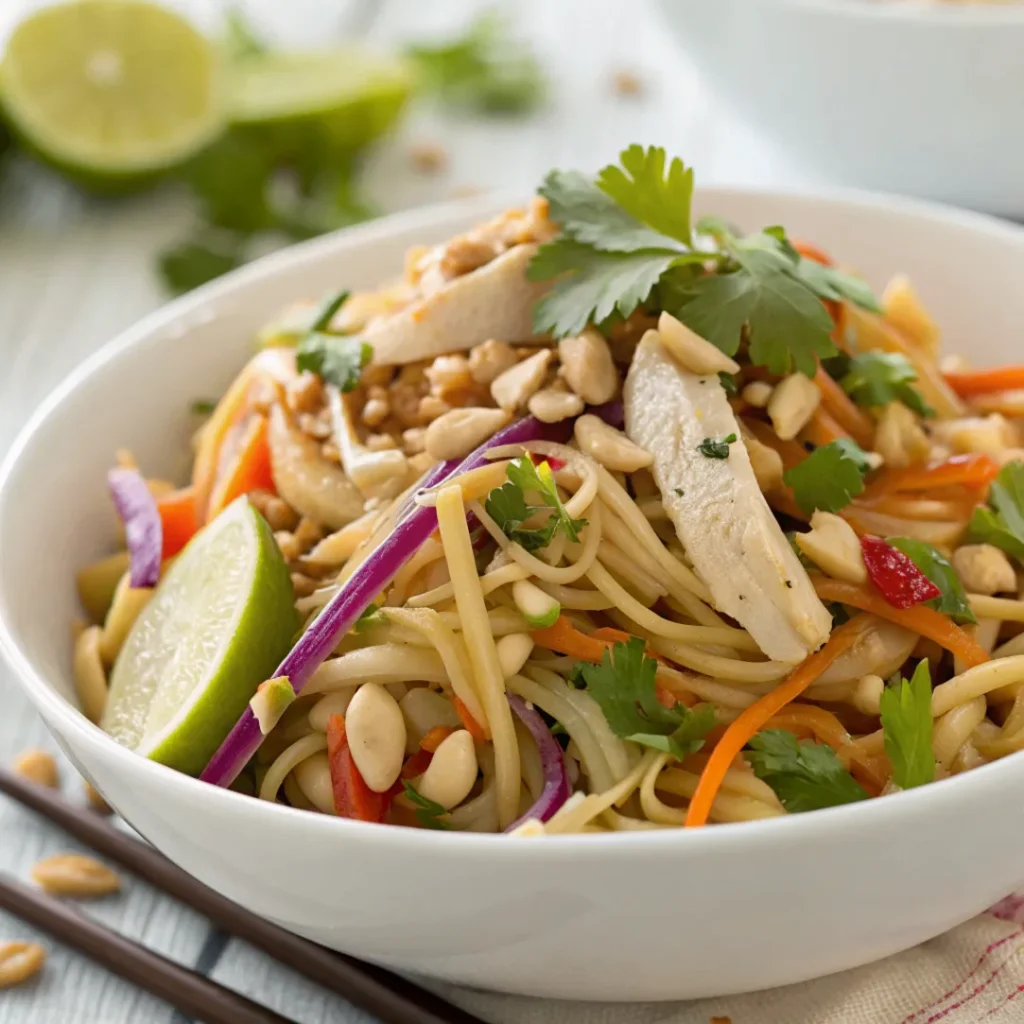 Asian Chicken Noodle Salad with rice noodles, shredded chicken, and colorful vegetables in sesame dressing.