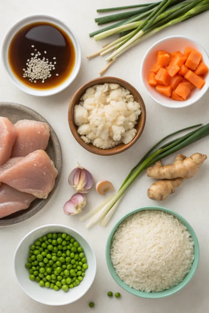 Ingredients for Asian Chicken and Rice including chicken, jasmine rice, garlic, ginger, soy sauce, rice vinegar, sesame oil, vegetables, and broth arranged on a white table.