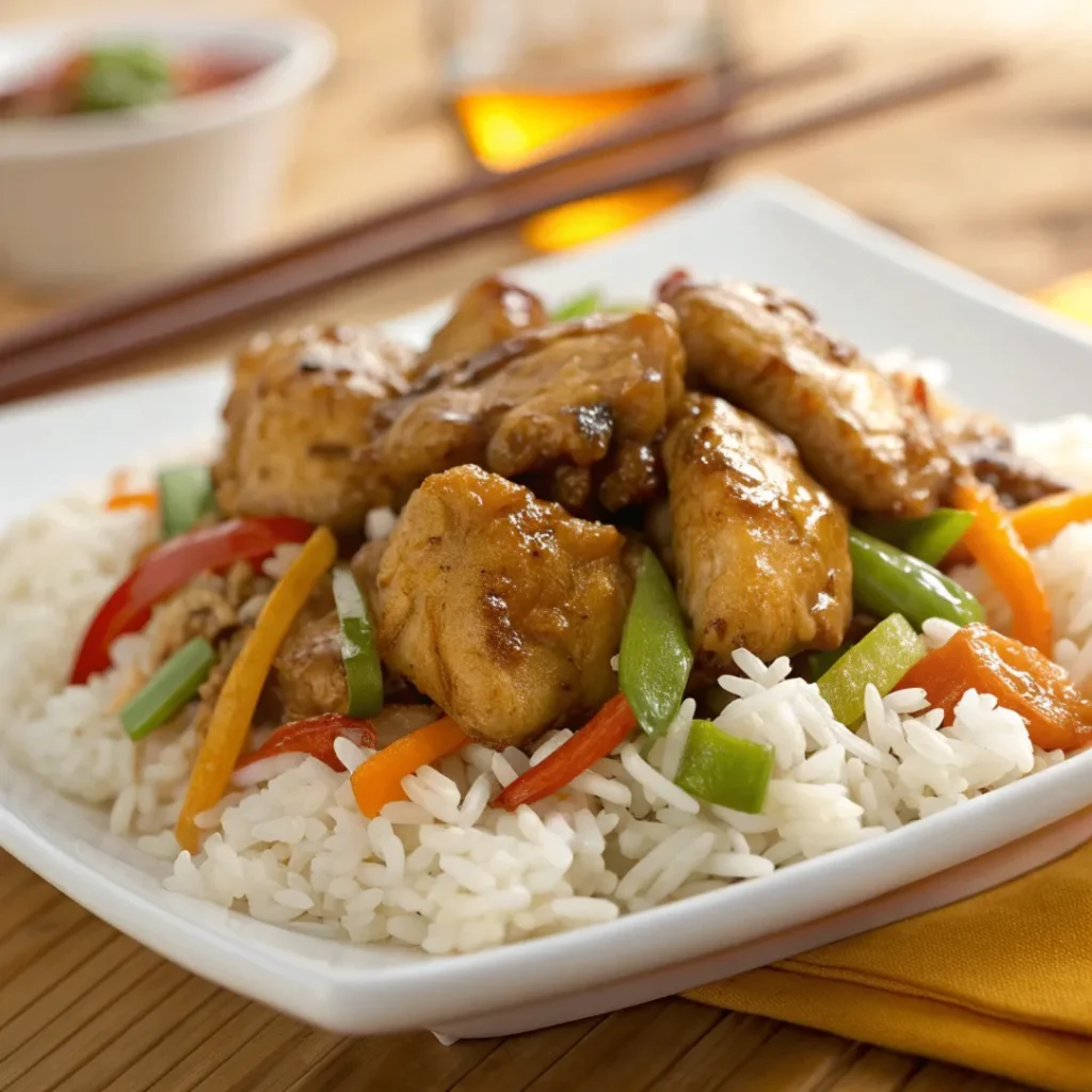 Close up plate of Asian Chicken and Rice with tender chicken, fluffy rice, and green onions on a white plate
