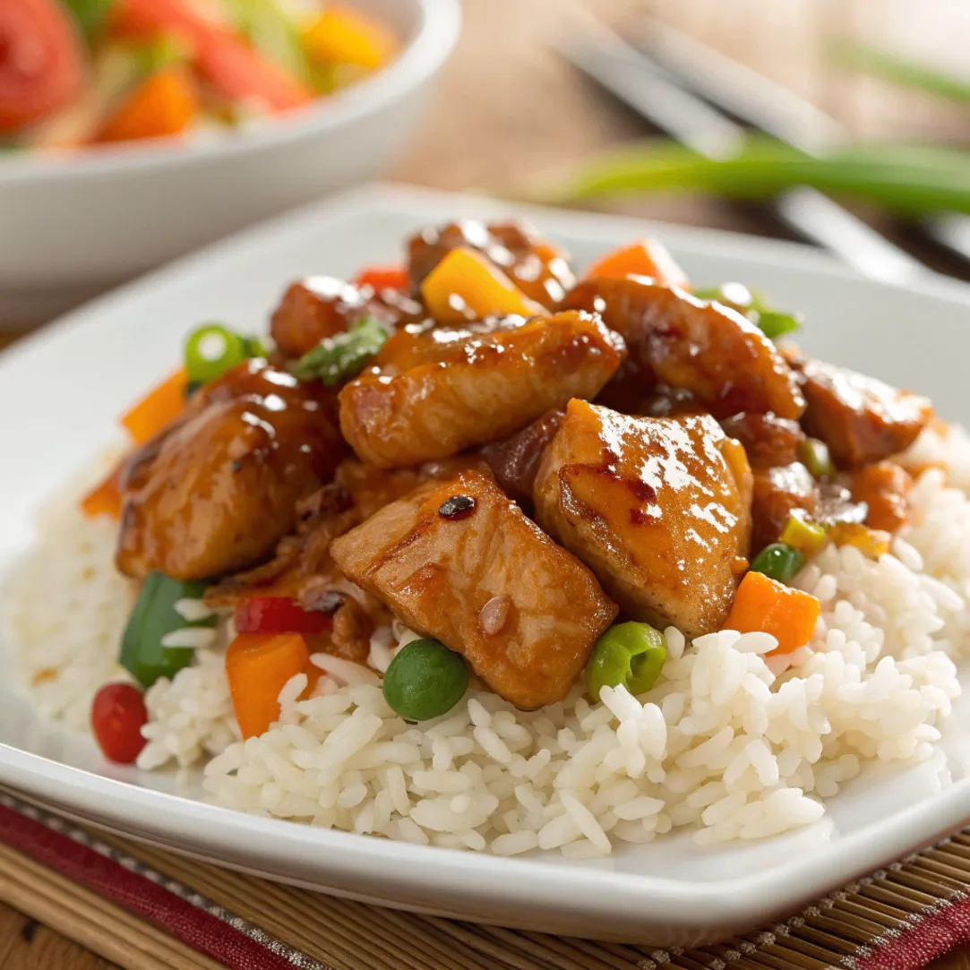 Close up plate of Asian Chicken and Rice with tender chicken, fluffy rice, and green onions on a white plate