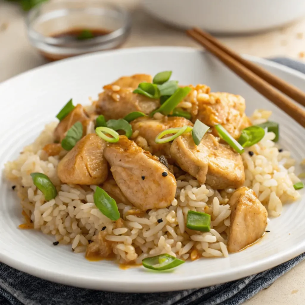 Close up plate of Asian Chicken and Rice with tender chicken, fluffy rice, and green onions on a white plate