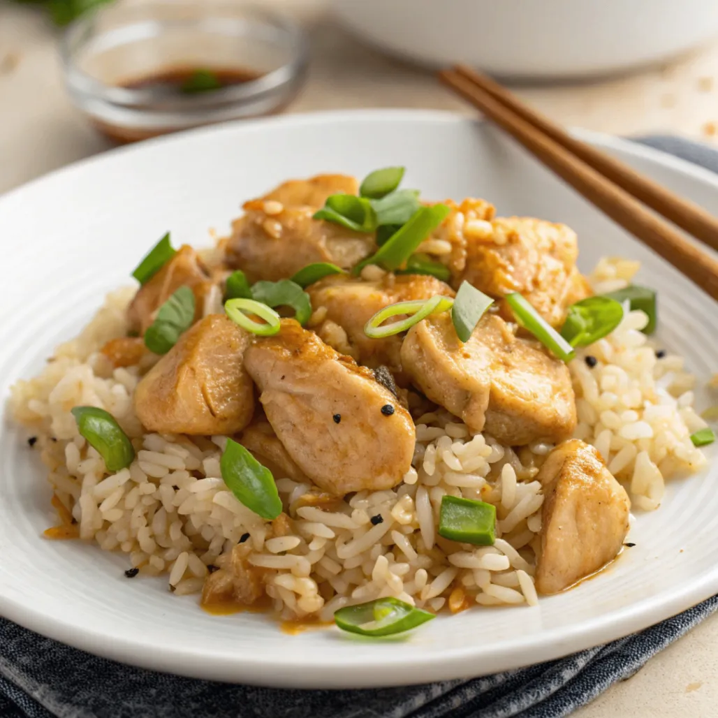 Close up plate of Asian Chicken and Rice with tender chicken, fluffy rice, and green onions on a white plate