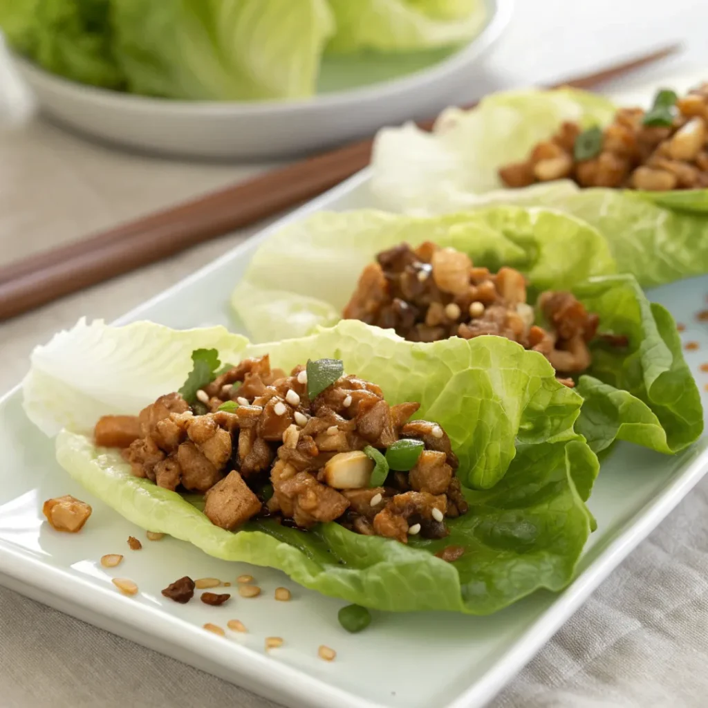 Close-up of Asian Lettuce Wraps filled with ground chicken, hoisin glaze, and crunchy vegetables on a white plate.