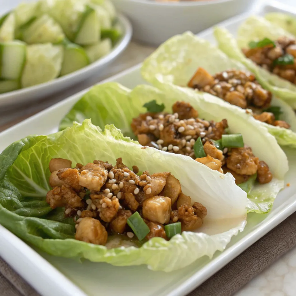 Close-up of Asian Lettuce Wraps filled with ground chicken, hoisin glaze, and crunchy vegetables on a white plate.