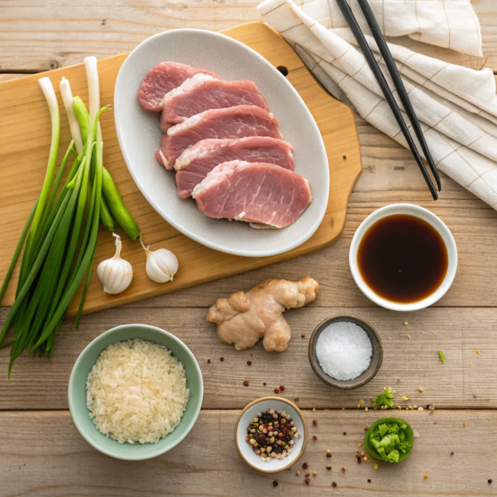 Overhead photo of fresh ingredients for Asian Pork Tenderloin including pork tenderloin, soy sauce, honey, garlic, ginger, and sesame oil arranged on a rustic table.