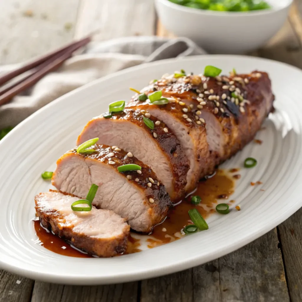Juicy Asian Pork Tenderloin glazed with soy-honey marinade and garnished with sesame seeds on a white plate