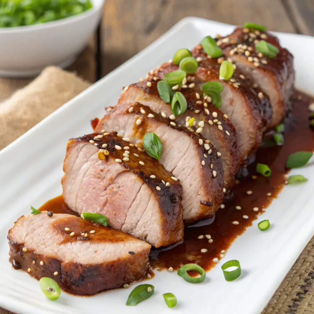 Juicy Asian Pork Tenderloin glazed with soy-honey marinade and garnished with sesame seeds on a white plate