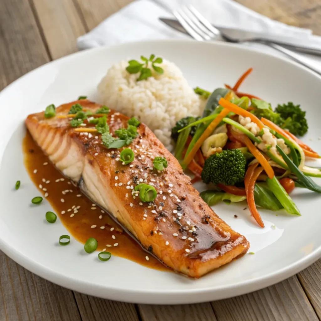 Close-up of Asian Rainbow Trout with soy-ginger glaze, sesame seeds, and scallions served on a white plate.