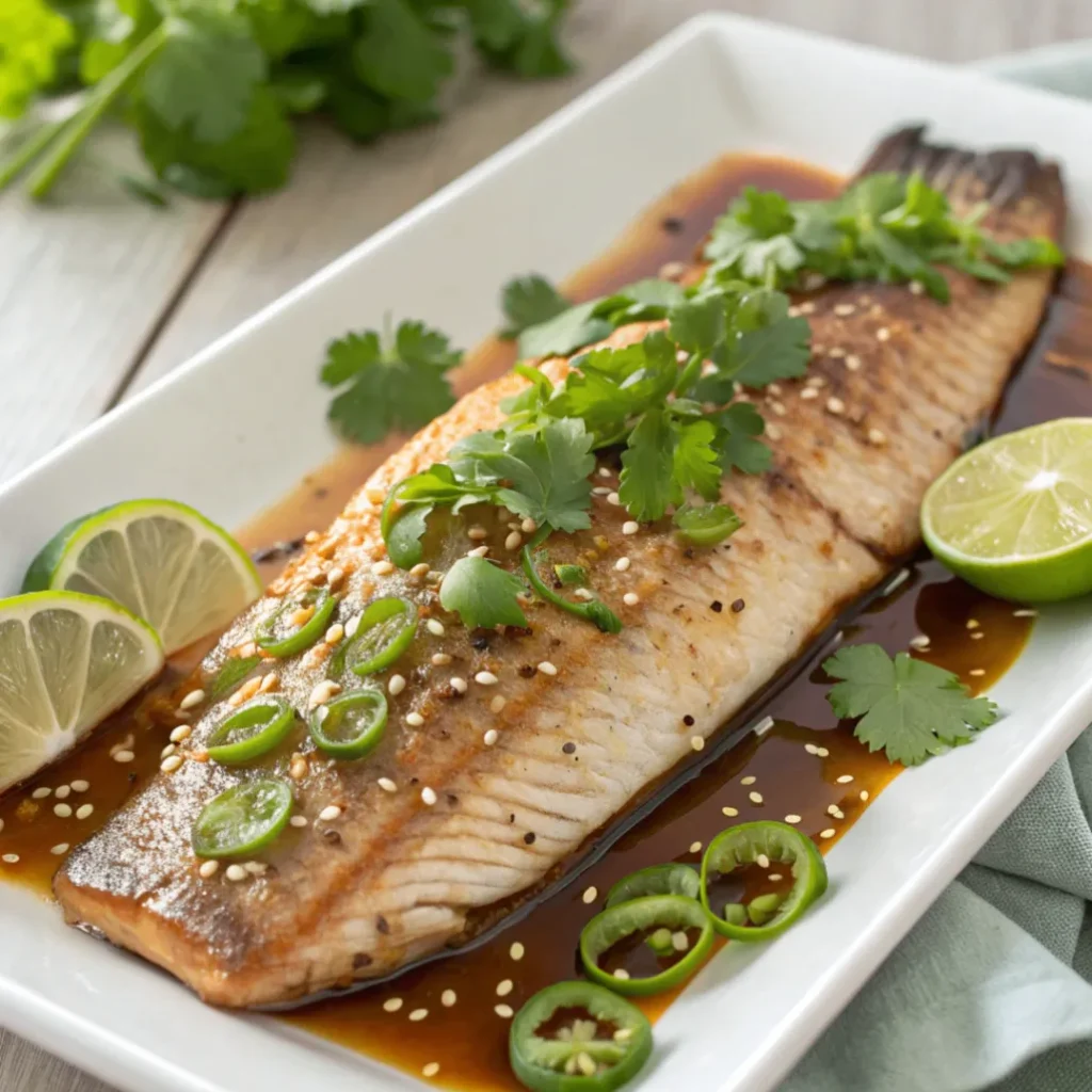 Close-up of Asian Rainbow Trout with soy-ginger glaze, sesame seeds, and scallions served on a white plate.