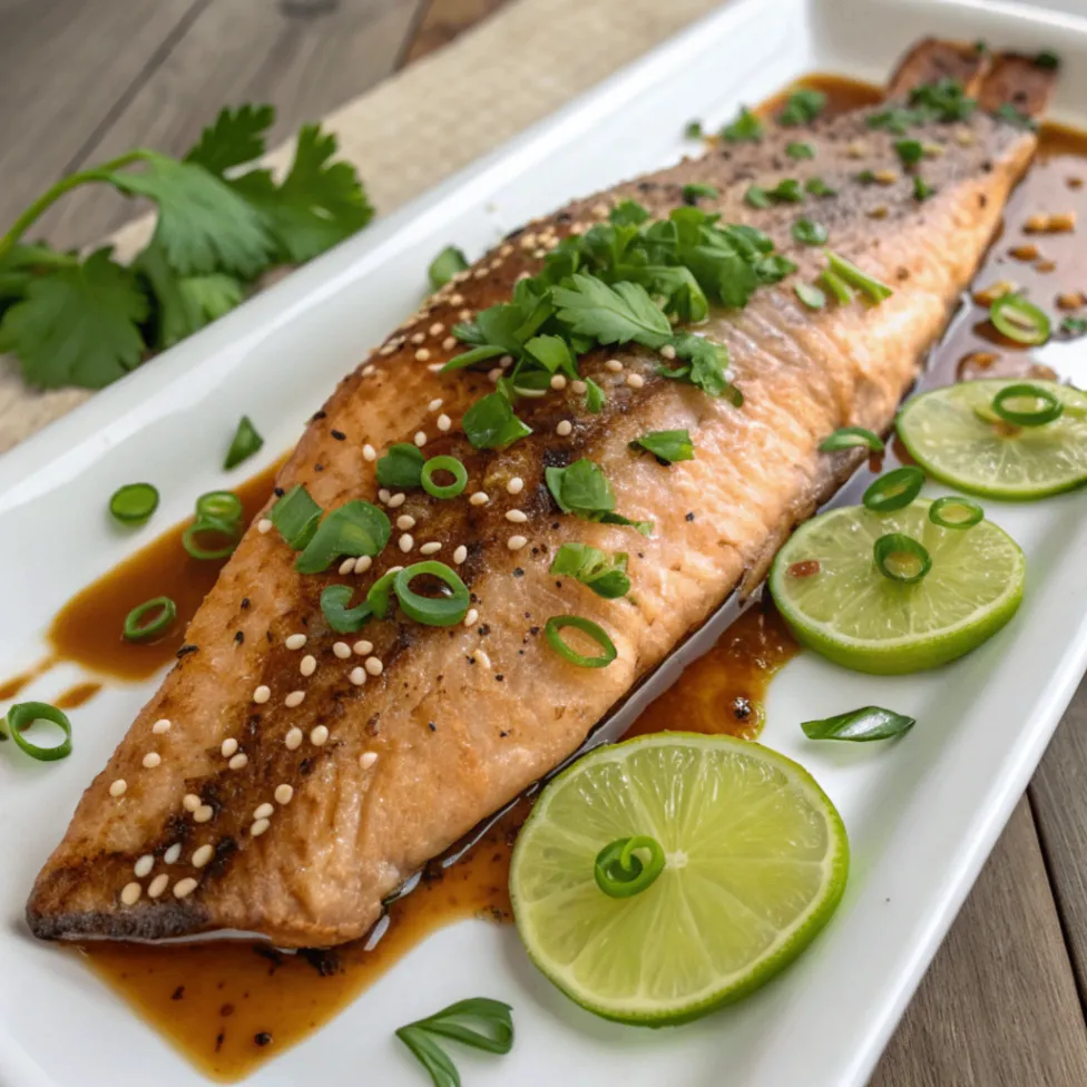 Close-up of Asian Rainbow Trout with soy-ginger glaze, sesame seeds, and scallions served on a white plate.