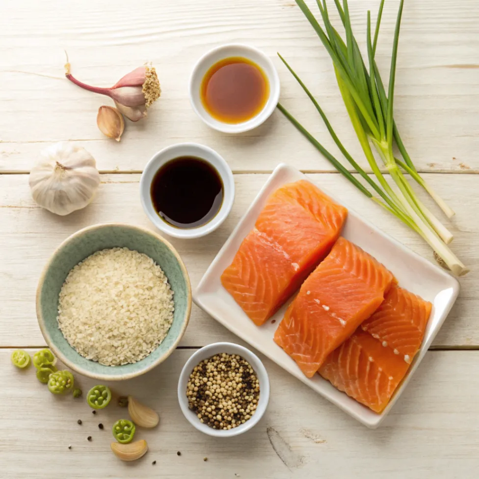 Overhead view of Asian Salmon ingredients arranged in white bowls on a wooden table