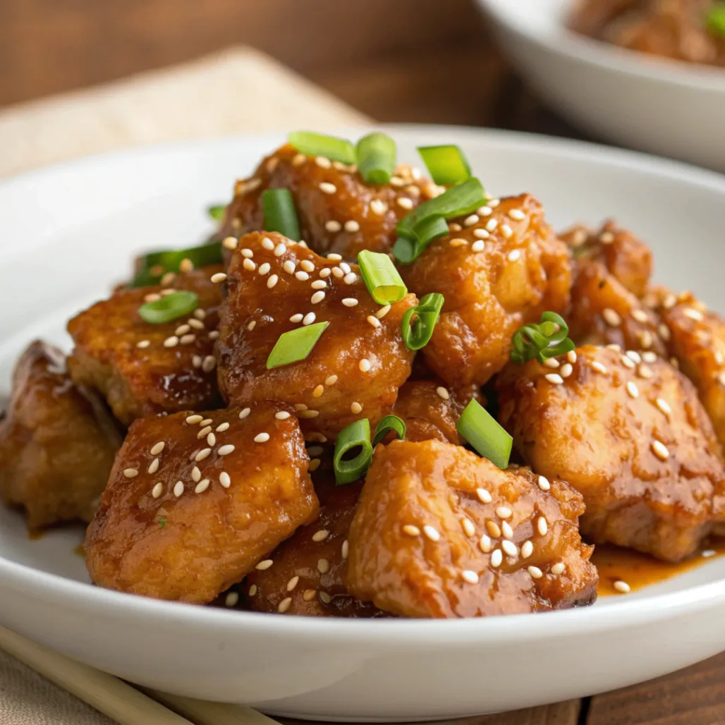 Close up plate shot of Asian Style Honey Chicken coated in glossy honey soy glaze with natural lighting.