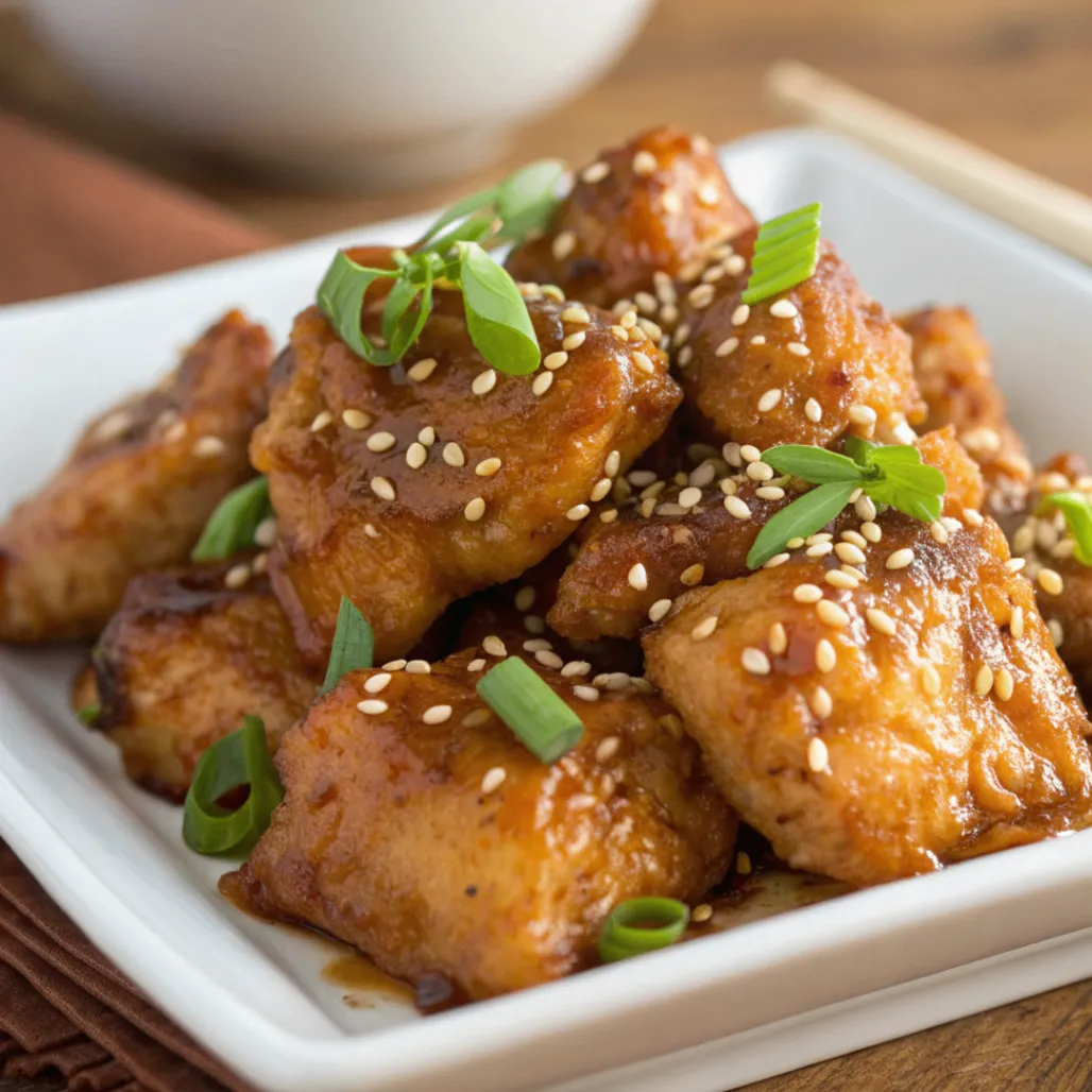 Close up plate shot of Asian Style Honey Chicken coated in glossy honey soy glaze with natural lighting.