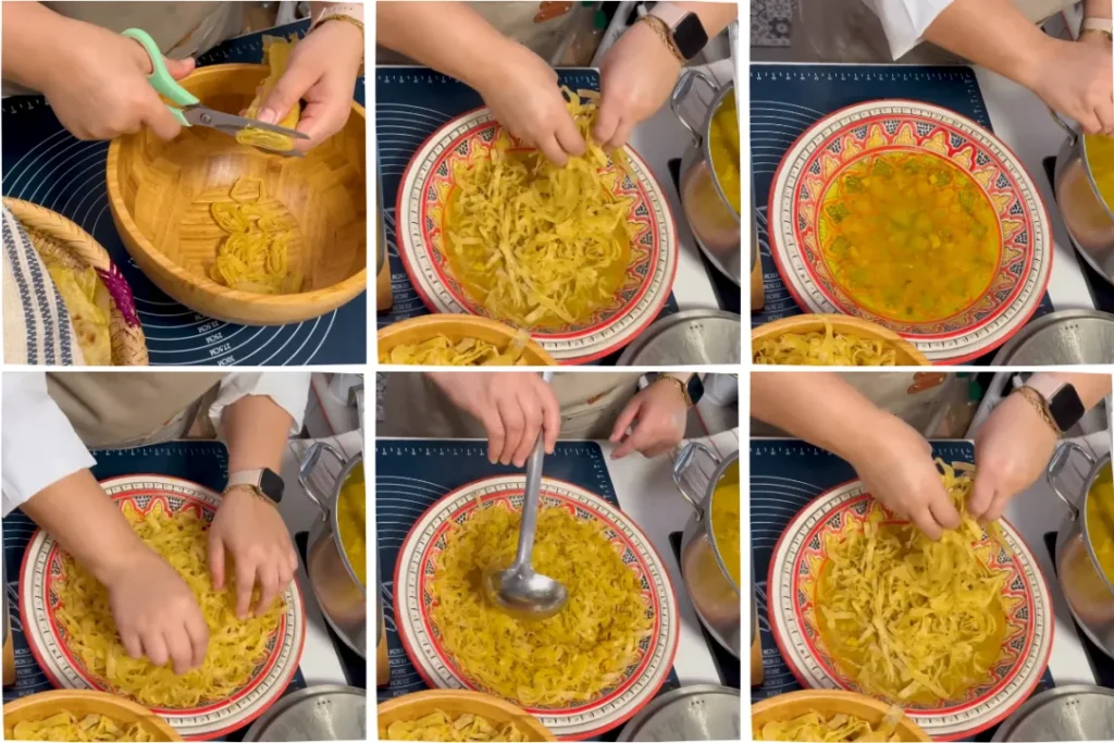 Moroccan Chicken Rfissa assembled with msemen, chicken, and broth