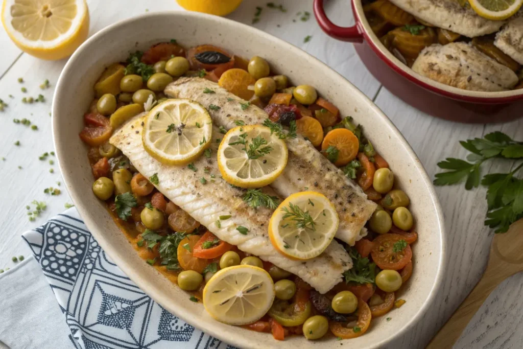 Marinated fish layered over vegetables with preserved lemon in a Moroccan Fish Tagine.