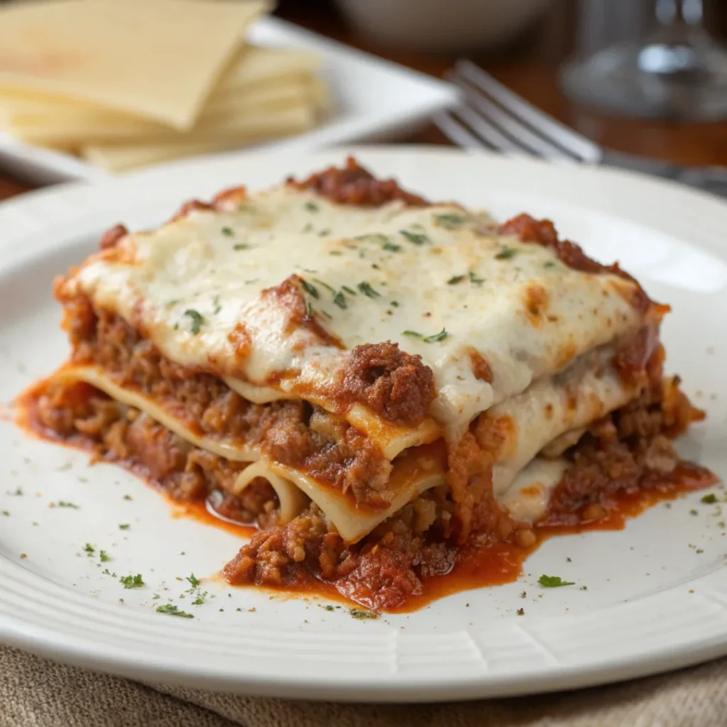 Freshly baked Italian Lasagna with golden melted cheese and visible layered pasta, sauce and béchamel in a white baking dish.