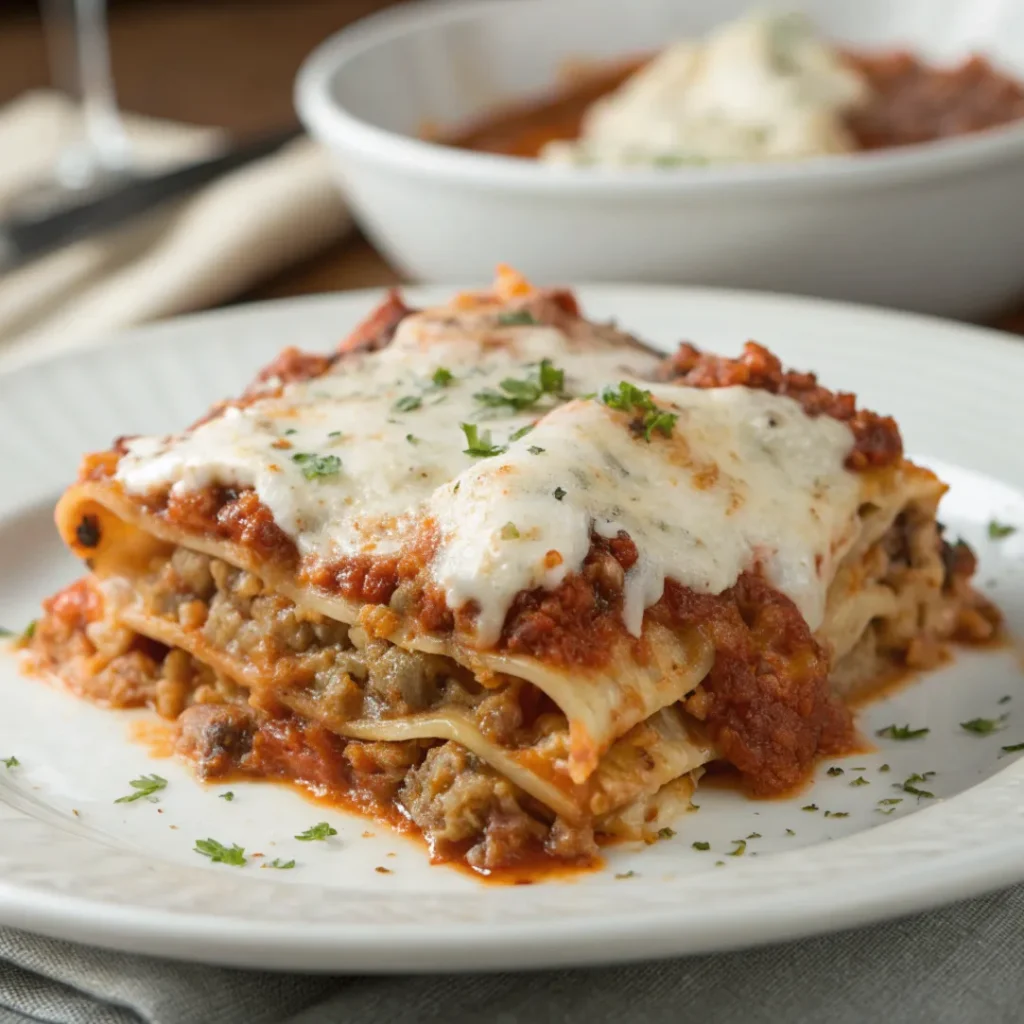 Freshly baked Italian Lasagna with golden melted cheese and visible layered pasta, sauce and béchamel in a white baking dish.