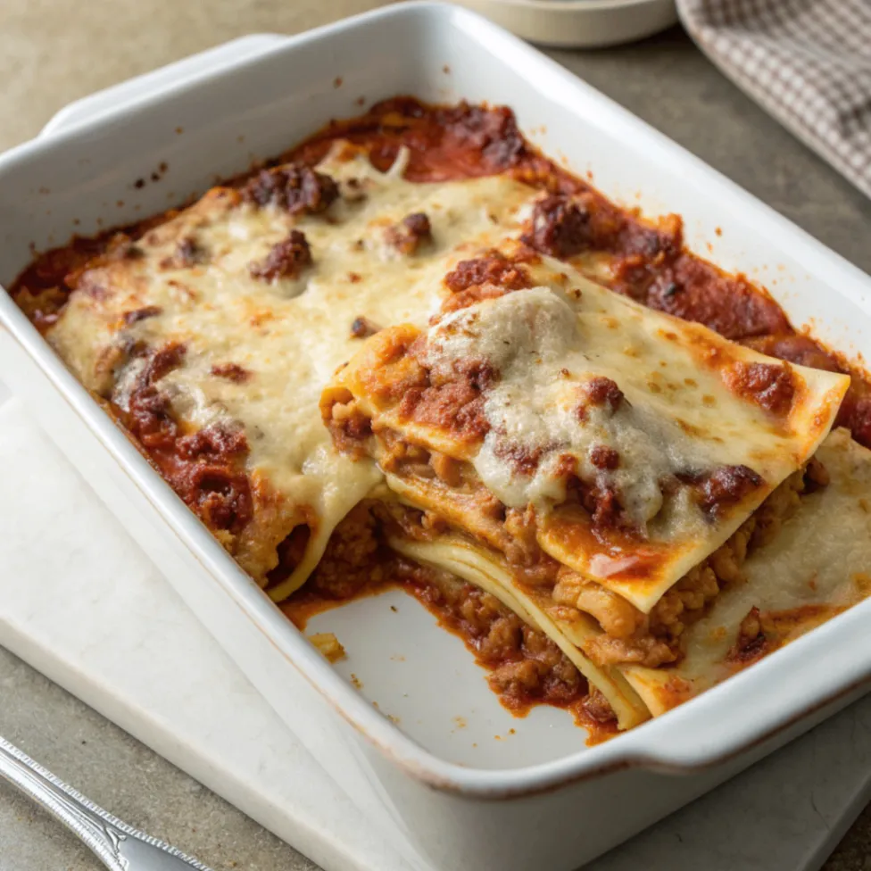 Freshly baked Italian Lasagna with golden melted cheese and visible layered pasta, sauce and béchamel in a white baking dish.