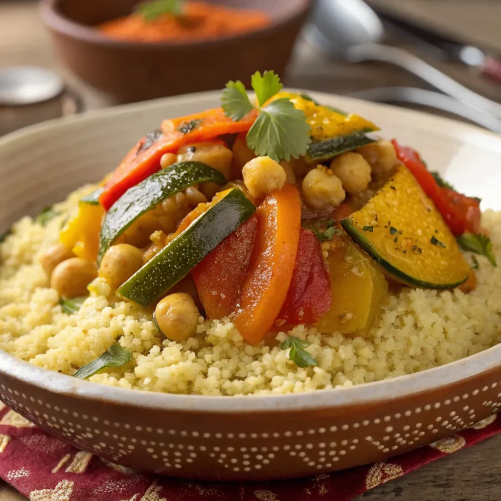 A traditional Moroccan 7 Vegetables Couscous served in a ceramic dish, topped with colorful vegetables including carrots, zucchini, pumpkin, and chickpeas.