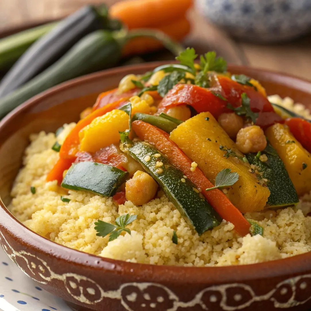 A traditional Moroccan 7 Vegetables Couscous served in a ceramic dish, topped with colorful vegetables including carrots, zucchini, pumpkin, and chickpeas.
