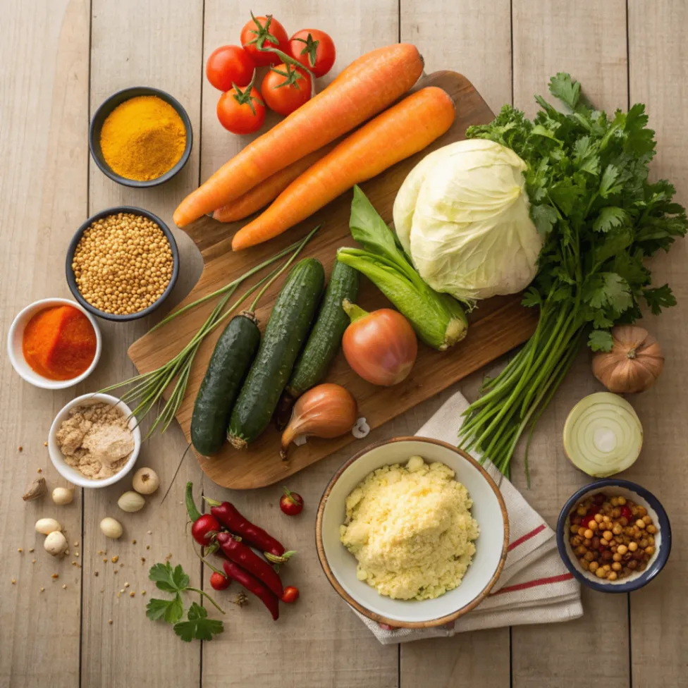 Overhead shot of fresh ingredients for Moroccan 7 Vegetables Couscous including couscous grains, carrots, zucchini, pumpkin, cabbage, chickpeas, and Moroccan spices on a rustic wooden table