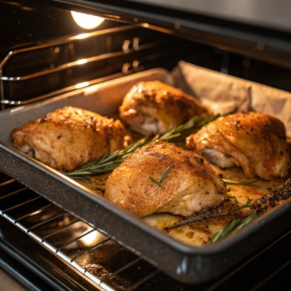 Close-up of golden, crispy chicken thighs roasting in the oven.