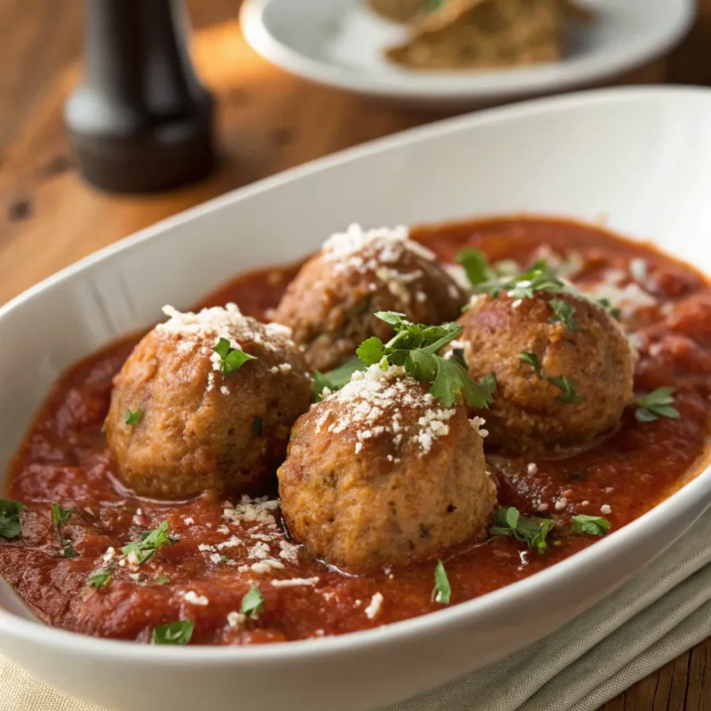 Close-up of chef john's italian meatballs in marinara sauce topped with Parmesan and parsley on a white plate