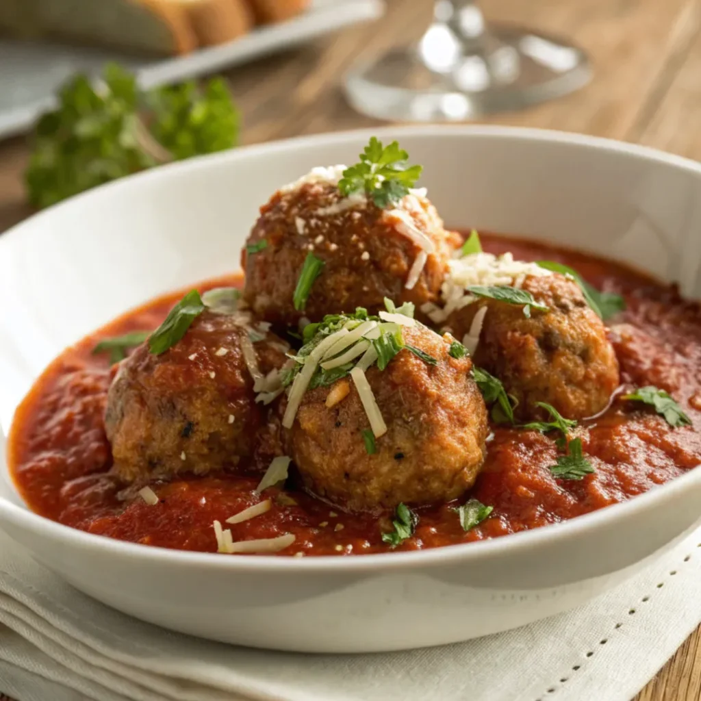 Close-up of chef john's italian meatballs in marinara sauce topped with Parmesan and parsley on a white plate