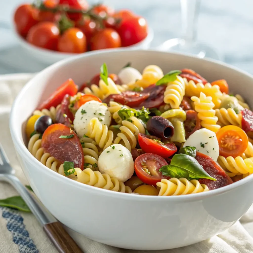 A bowl of Italian Pasta Salad with rotini, tomatoes, olives, cucumbers, and mozzarella tossed in Italian dressing, served fresh on a white plate.