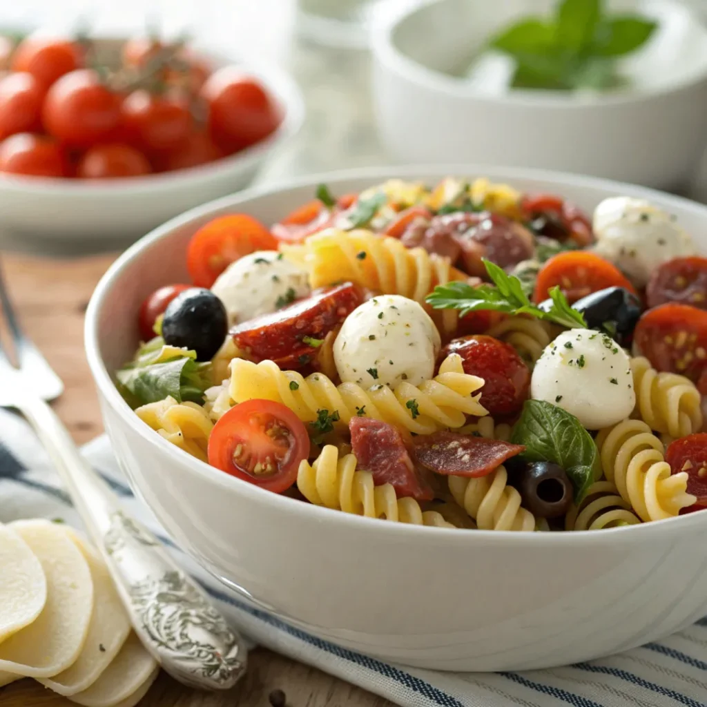 A bowl of Italian Pasta Salad with rotini, tomatoes, olives, cucumbers, and mozzarella tossed in Italian dressing, served fresh on a white plate.