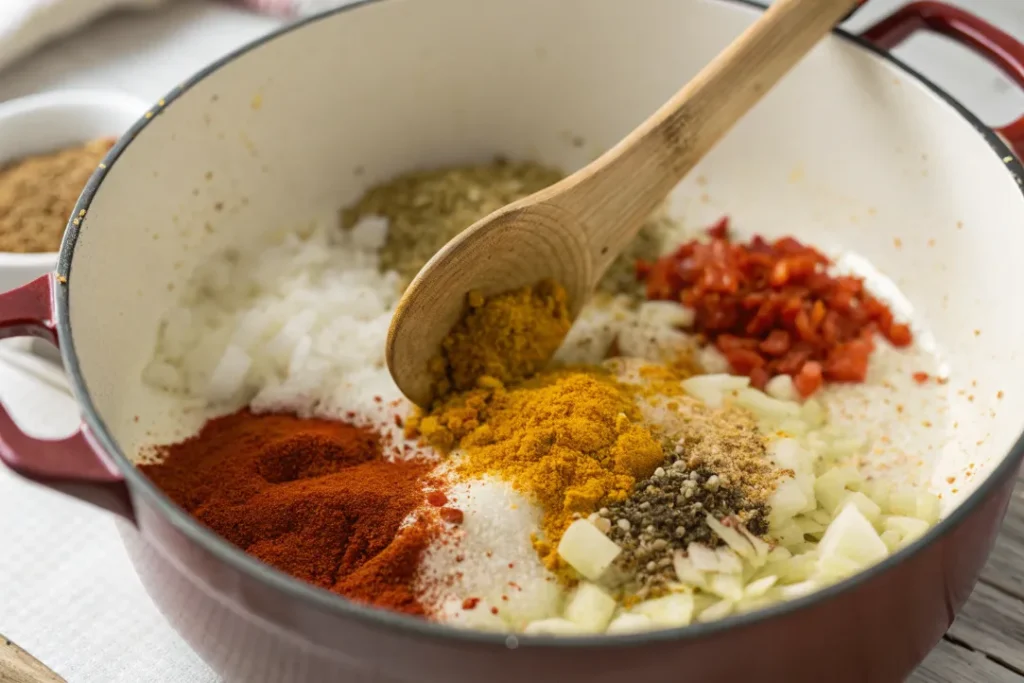 Garlic and Moroccan spices being stirred into onions for Black-Eyed Peas recipe