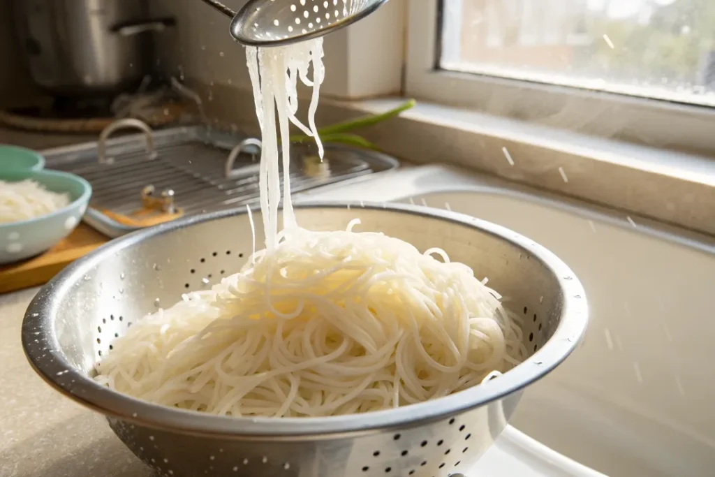 Freshly cooked rice noodles being drained in a colander for Asian Chicken Noodle Salad