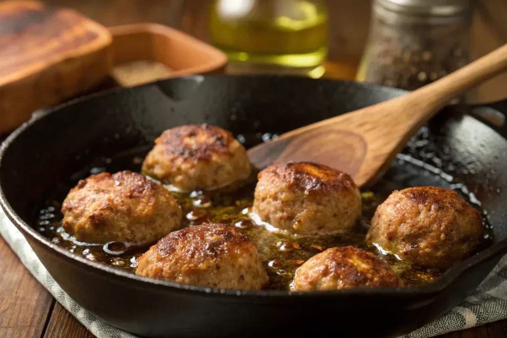 Golden-brown chef john's italian meatballs cooking in olive oil in a skillet
