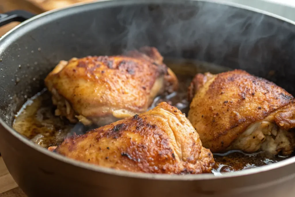 Chicken thighs browning in a pot for chicken tagine preparation