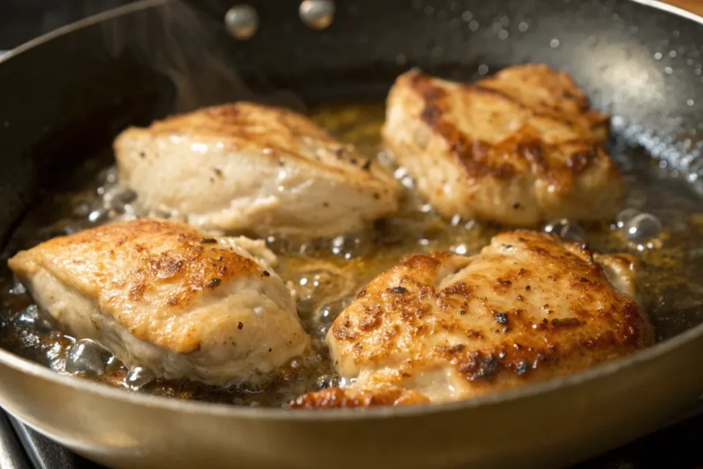 Close up of chicken pieces browning in a pan with olive oil.