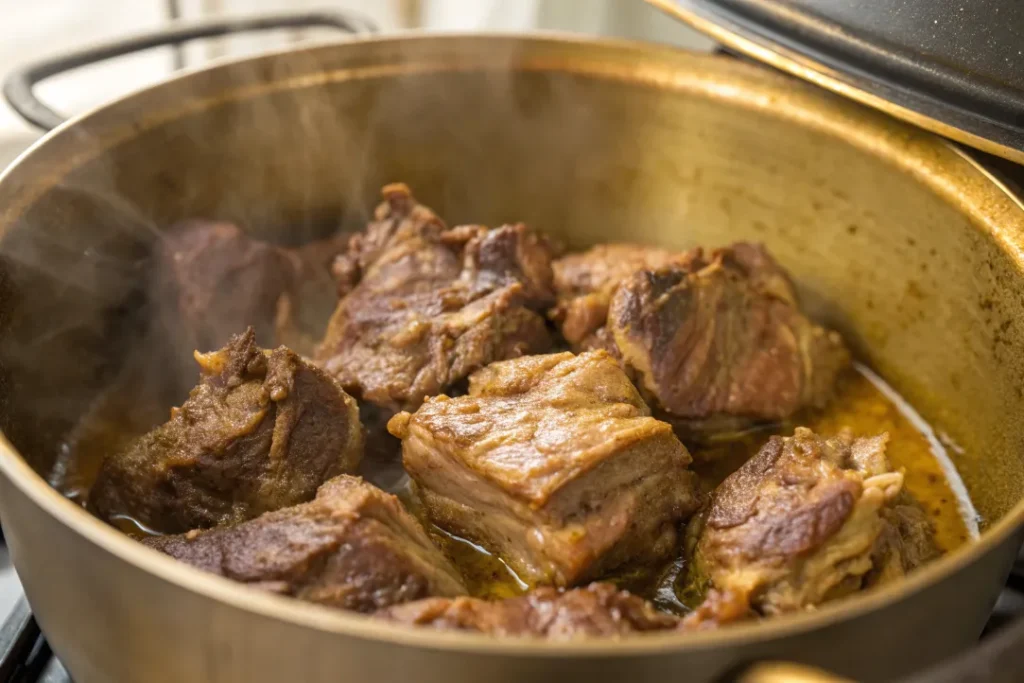 Golden browned lamb pieces cooking in a pot