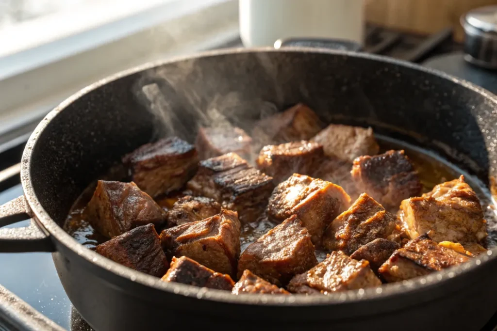 Lamb pieces browning in a pot for Lamb Potatoes and Olives Tagine